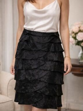 Adrianna Papell Women's Elegant Black Silk Tiered Ruffle Cocktail Skirt~Size 10